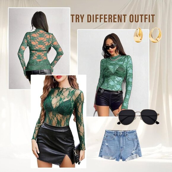 🆕Women Green Polyester Lace Long Sleeve Mesh Sheer Sexy See-Through Y2K Top - Picture 6 of 7